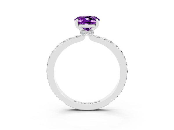 White gold Oval Cut Amethyst Solitaire Engagement Ring with Pavé Band and Four-Prong Setting