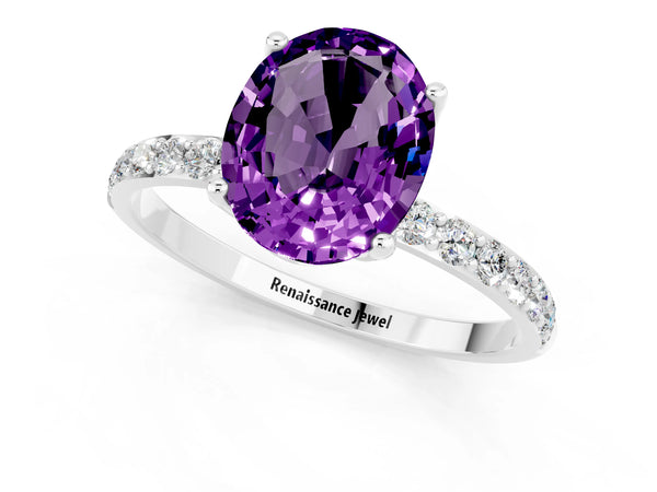Silver Oval Cut Amethyst Solitaire Engagement Ring with Round  Pavé Band and Prong Setting