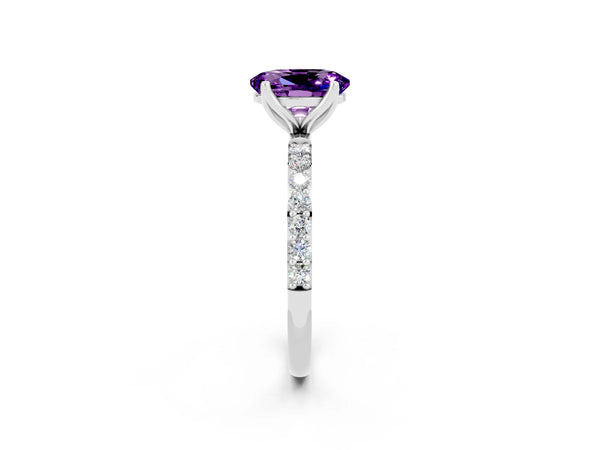 White gold Oval Cut Amethyst Solitaire Engagement Ring with Round  Pavé Band and Prong Setting