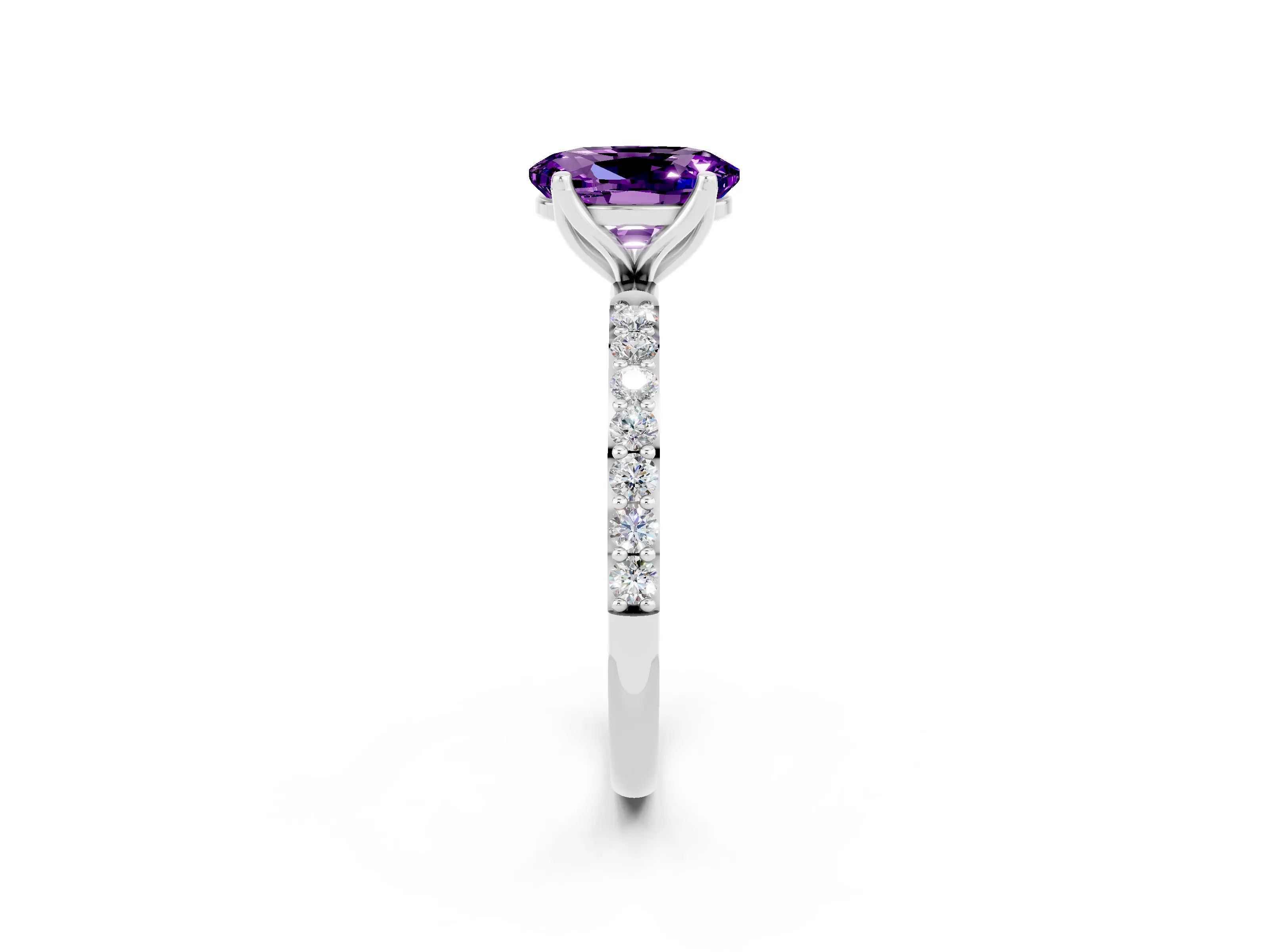 White gold Oval Cut Amethyst Solitaire Engagement Ring with Pavé Band and Prong Setting_2