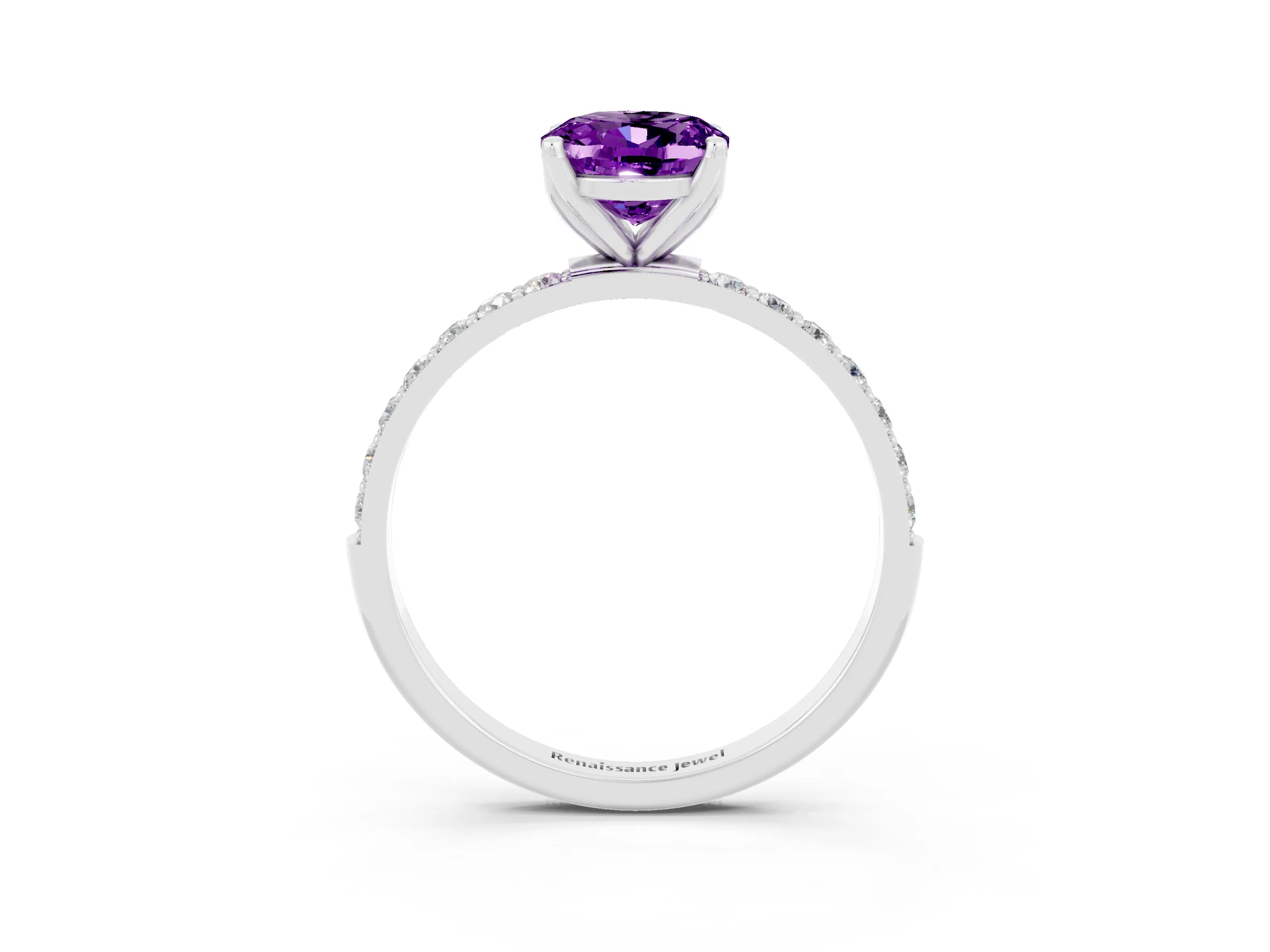 White gold Oval Cut Amethyst Solitaire Engagement Ring with Pavé Band and Prong Setting_3