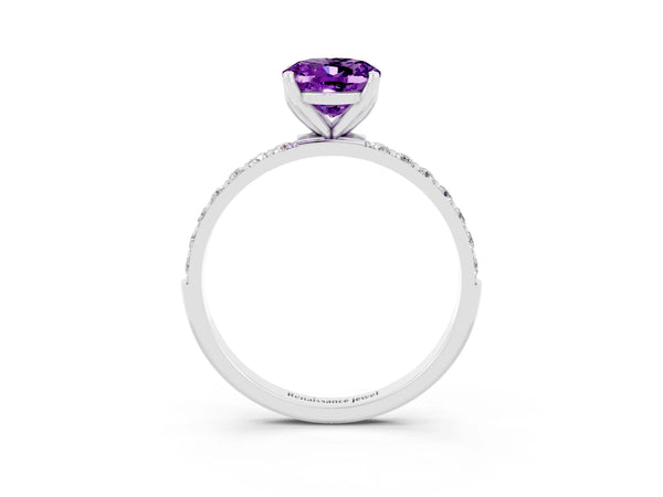 Silver Oval Cut Amethyst Solitaire Engagement Ring with Round  Pavé Band and Prong Setting