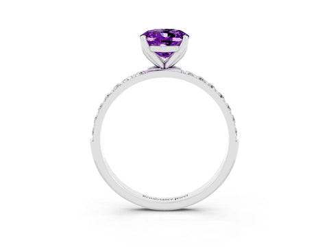 White gold Oval Cut Amethyst Solitaire Engagement Ring with Pavé Band and Prong Setting_3