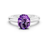 White gold Oval Cut Amethyst Solitaire Engagement Ring with Round Band and Four-Prong Setting