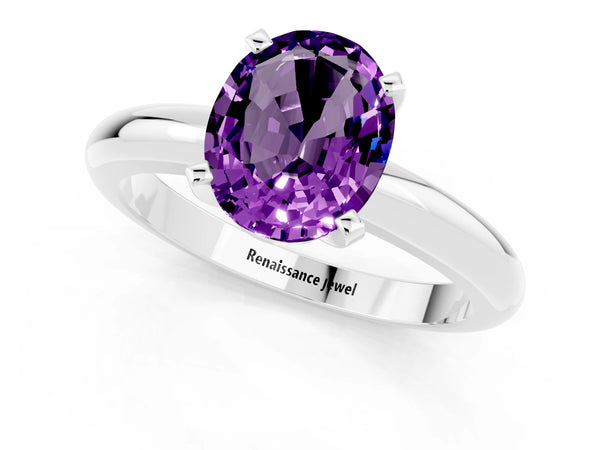 White gold Oval Cut Amethyst Solitaire Engagement Ring with Round Band and Four-Prong Setting