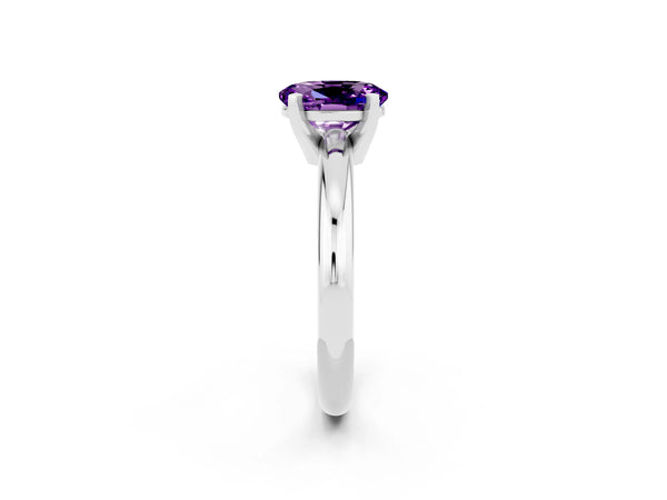 Platinum Oval Cut Amethyst Solitaire Engagement Ring with Round Band and Four-Prong Setting