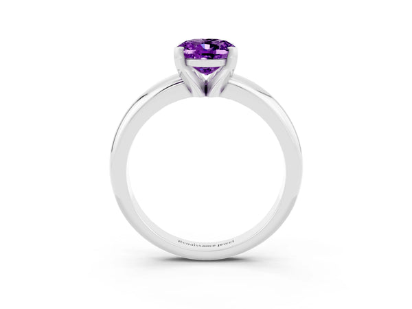 Silver Oval Cut Amethyst Solitaire Engagement Ring with Round Band and Four-Prong Setting