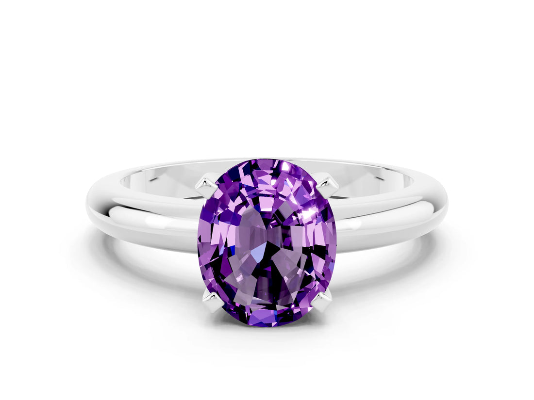 White gold Oval Cut Amethyst Solitaire Engagement Ring with Round Band and Four-Prong Setting