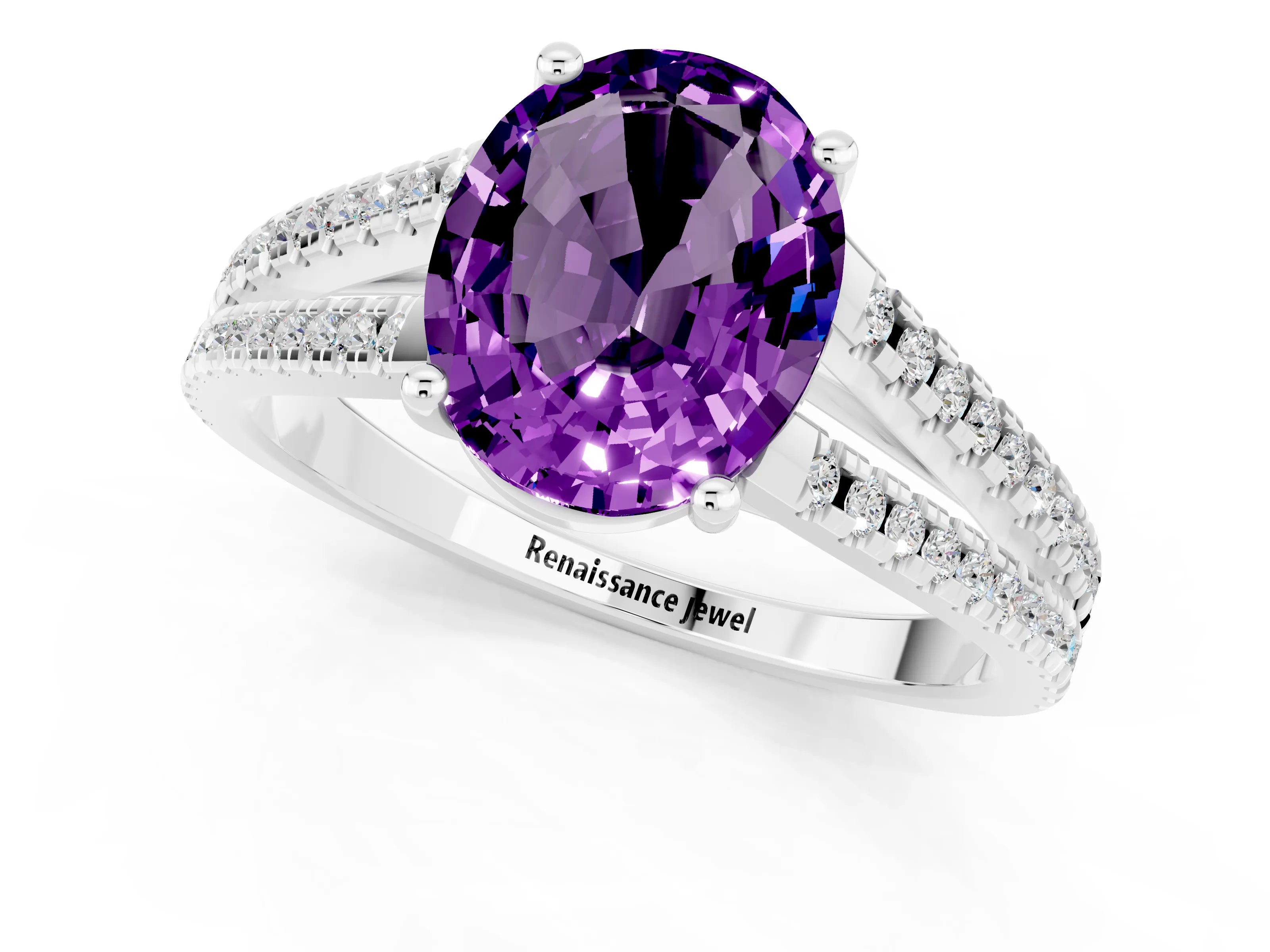 White gold Oval Cut Amethyst Solitaire Engagement Ring with Split Shank Pavé Band_1