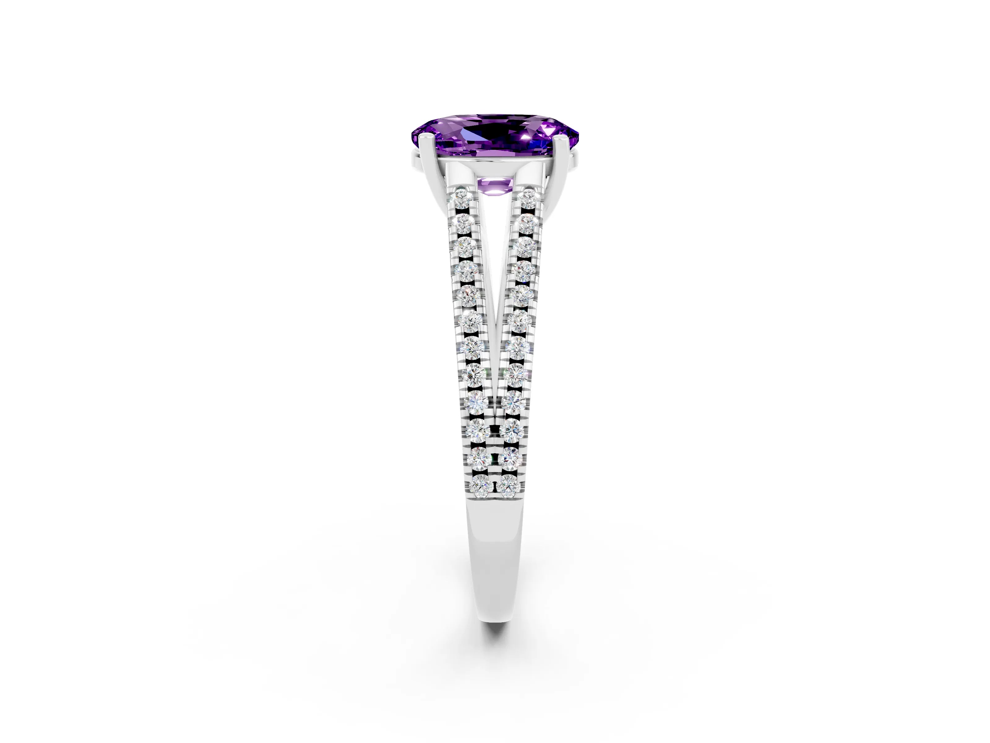 White gold Oval Cut Amethyst Solitaire Engagement Ring with Split Shank Pavé Band_2