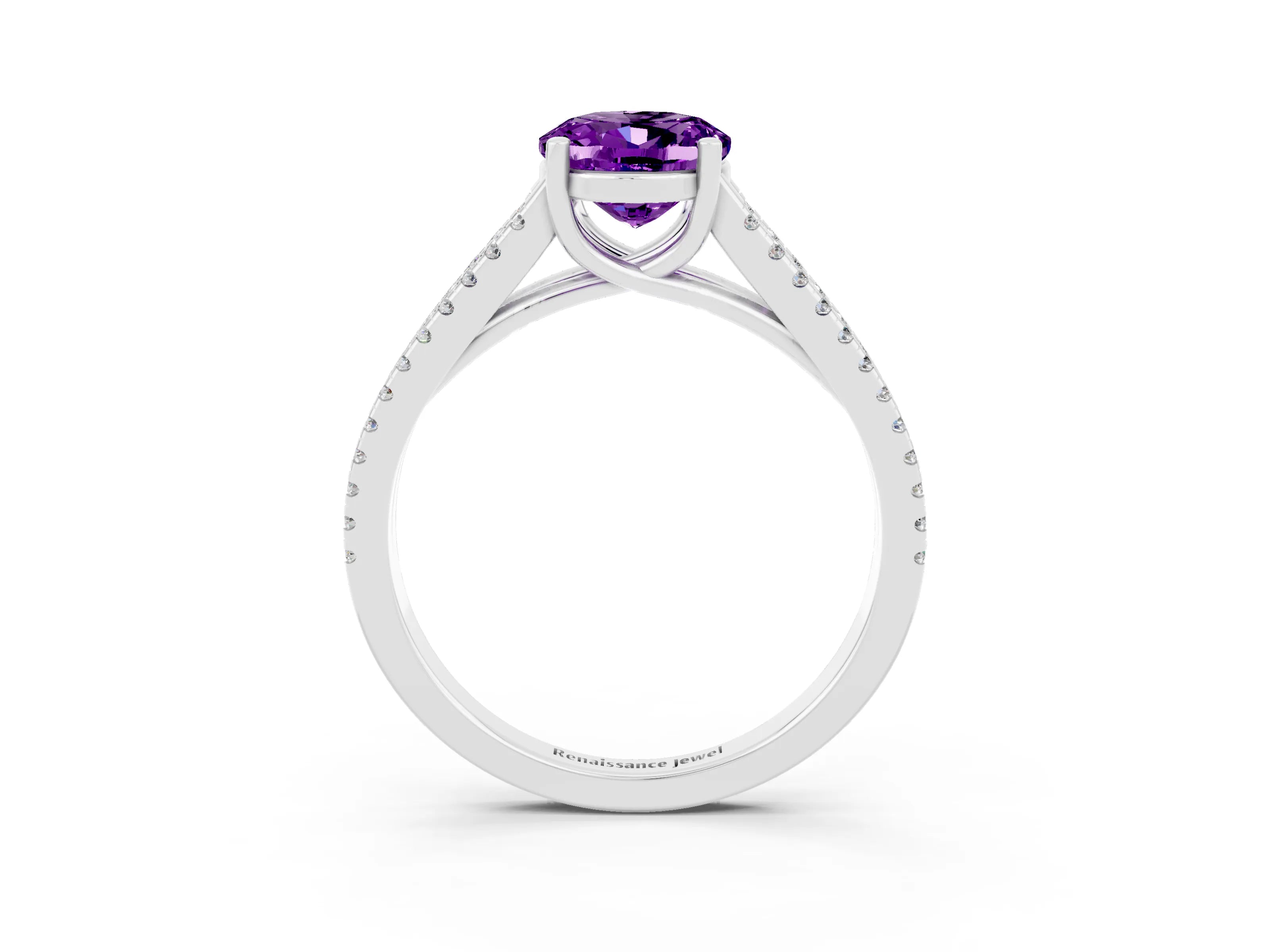 White gold Oval Cut Amethyst Solitaire Engagement Ring with Split Shank Pavé Band_3