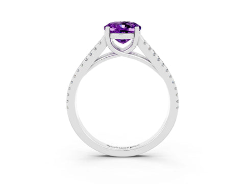 White gold Oval Cut Amethyst Solitaire Engagement Ring with Split Shank Pavé Band_3