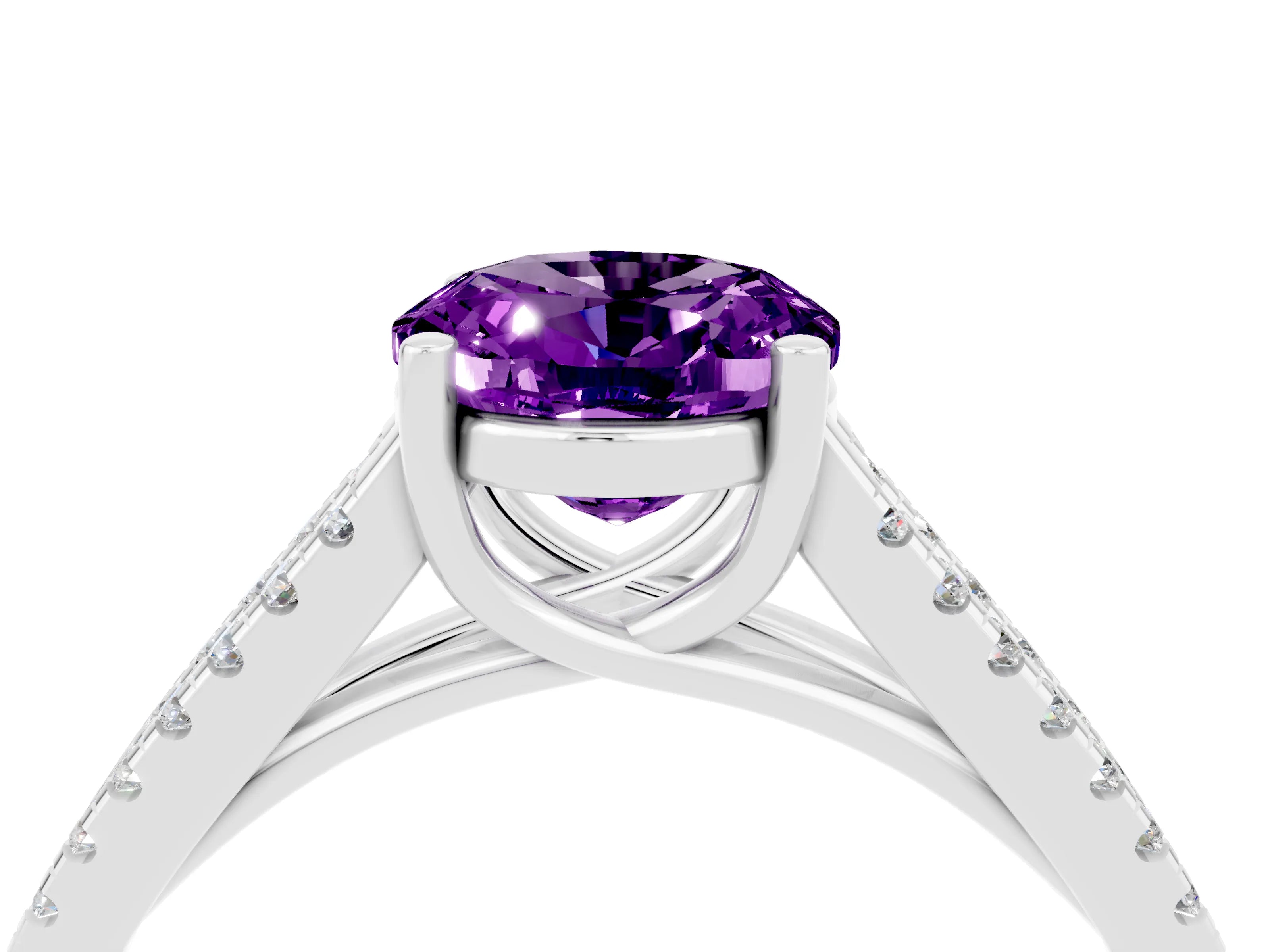White gold Oval Cut Amethyst Solitaire Engagement Ring with Split Shank Pavé Band_4