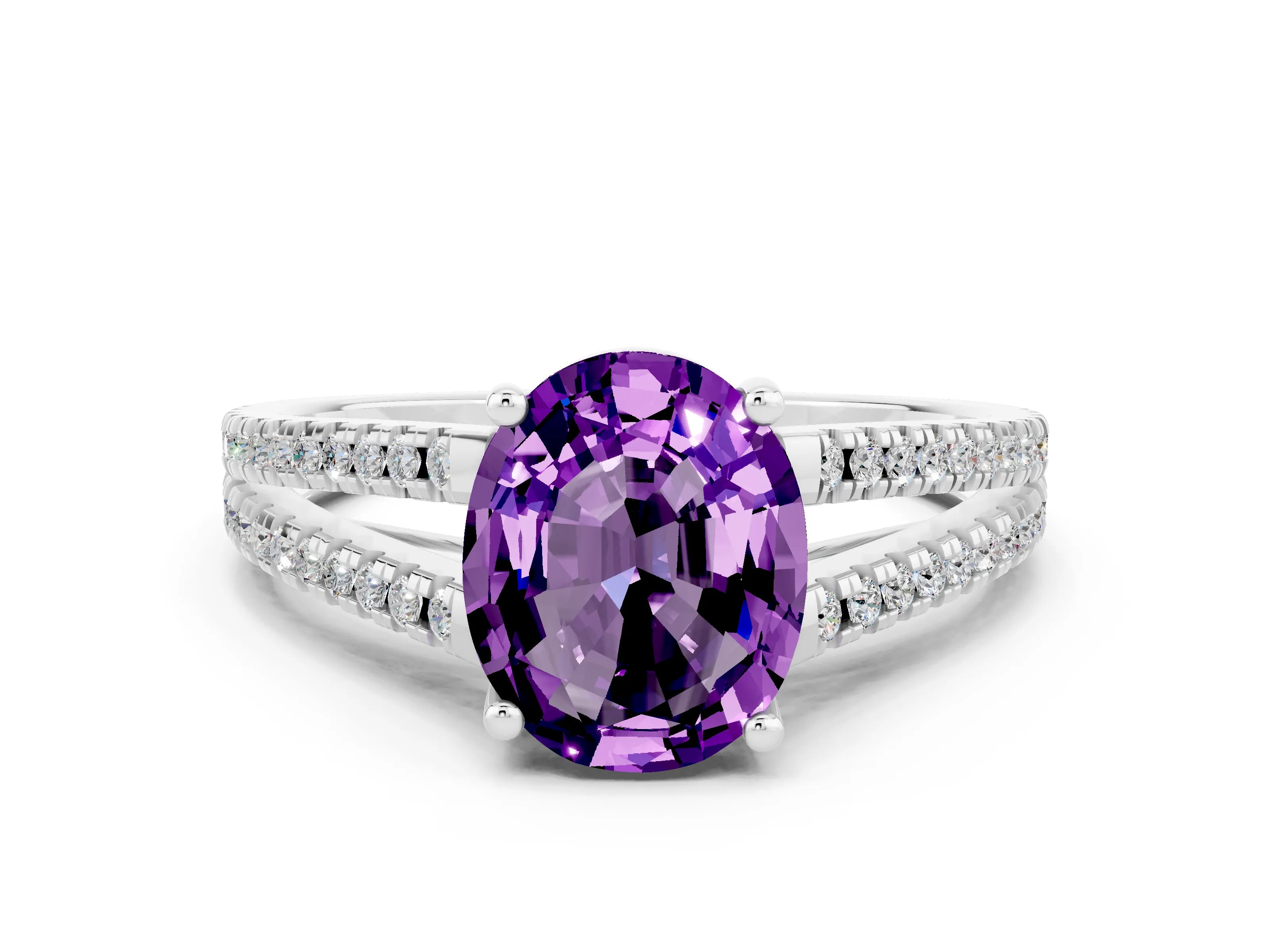 White gold Oval Cut Amethyst Solitaire Engagement Ring with Split Shank Pavé Band