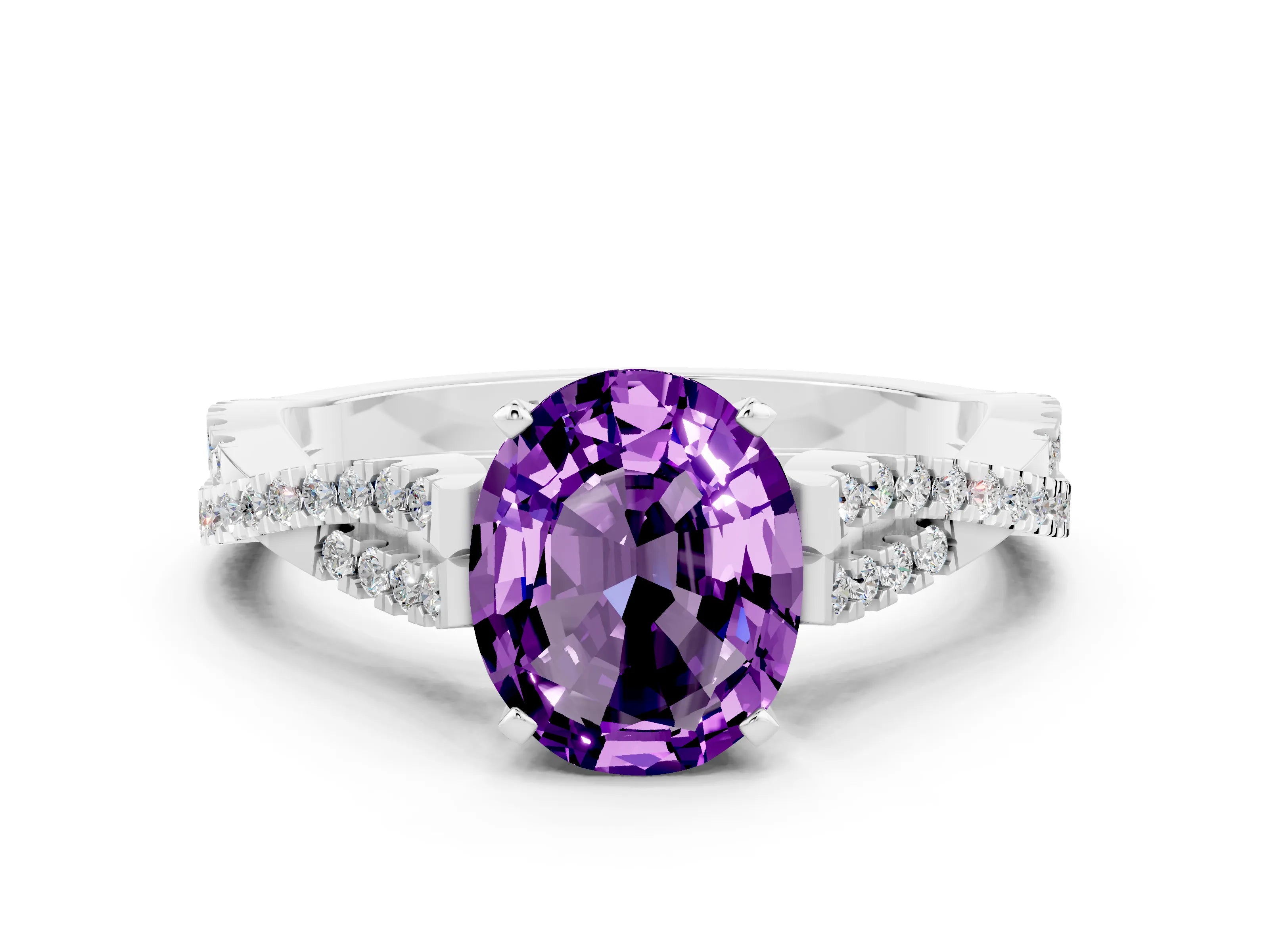 White gold Oval Cut Amethyst Solitaire Engagement Ring with Twisted Pavé Band and Four-Prong Setting