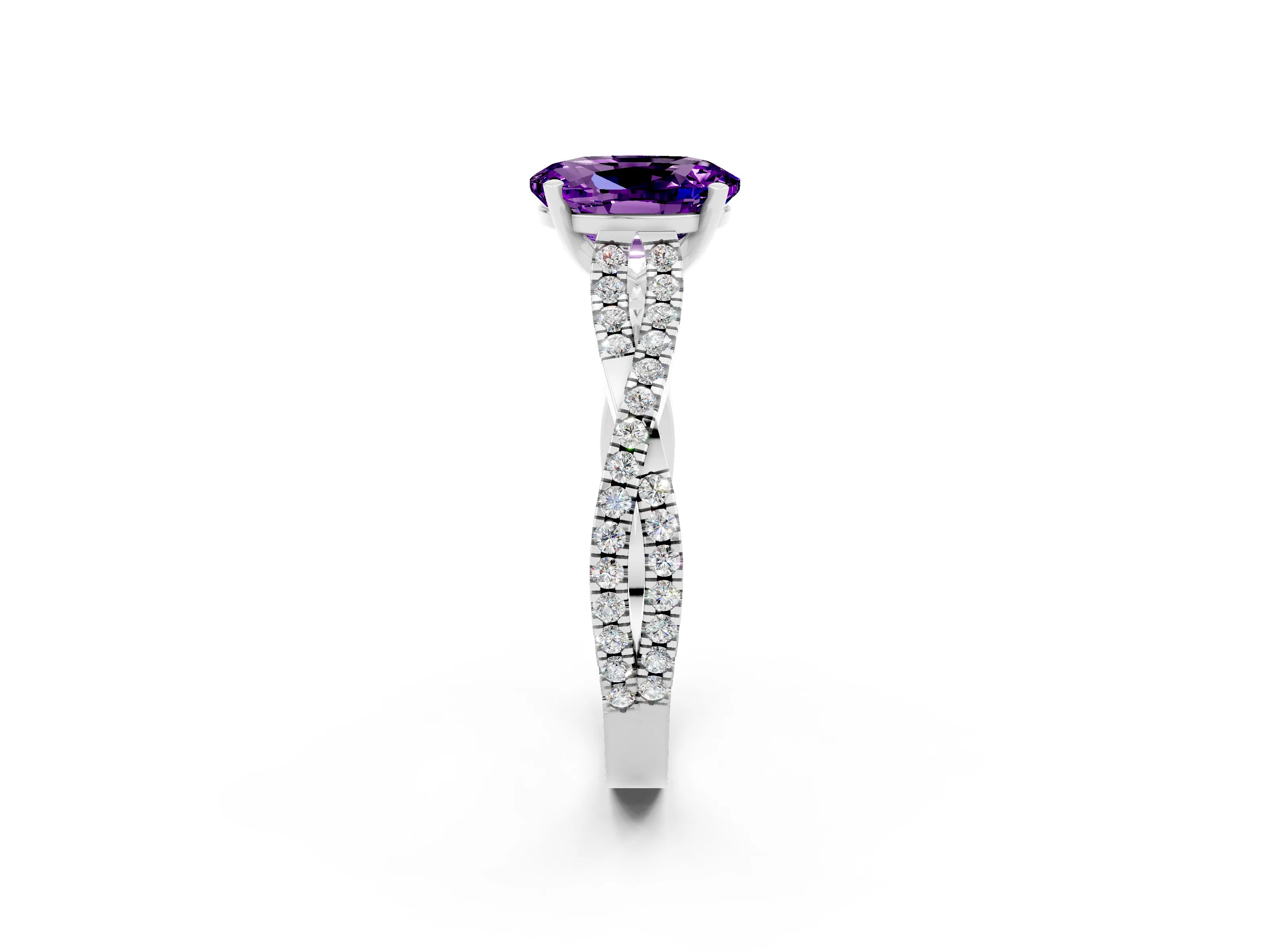 White gold Oval Cut Amethyst Solitaire Engagement Ring with Twisted Pavé Band and Four-Prong Setting_2