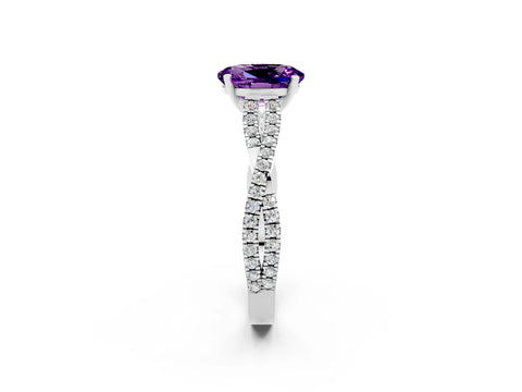 White gold Oval Cut Amethyst Solitaire Engagement Ring with Twisted Pavé Band and Four-Prong Setting_2