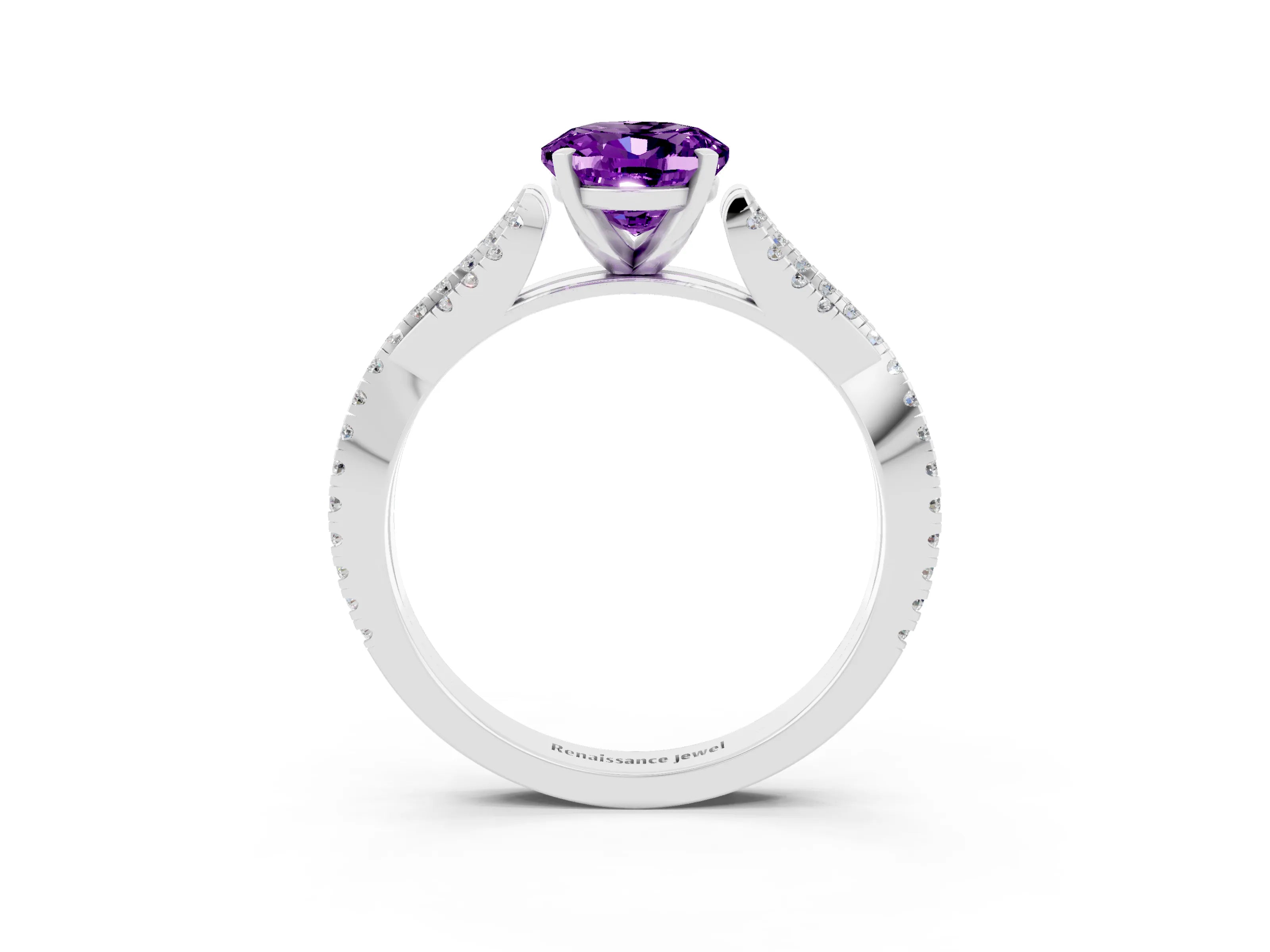 White gold Oval Cut Amethyst Solitaire Engagement Ring with Twisted Pavé Band and Four-Prong Setting_3