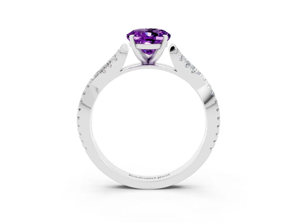 Platinum Oval Cut Amethyst Solitaire Engagement Ring with Twisted Pavé Band and Four-Prong Setting