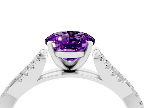 White gold Oval Cut Amethyst Solitaire Engagement Ring with Twisted Pavé Band and Four-Prong Setting_4