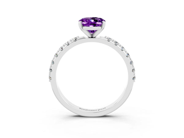 Platinum Oval Cut Amethyst Solitaire Pavé Band with Four-Prong Setting