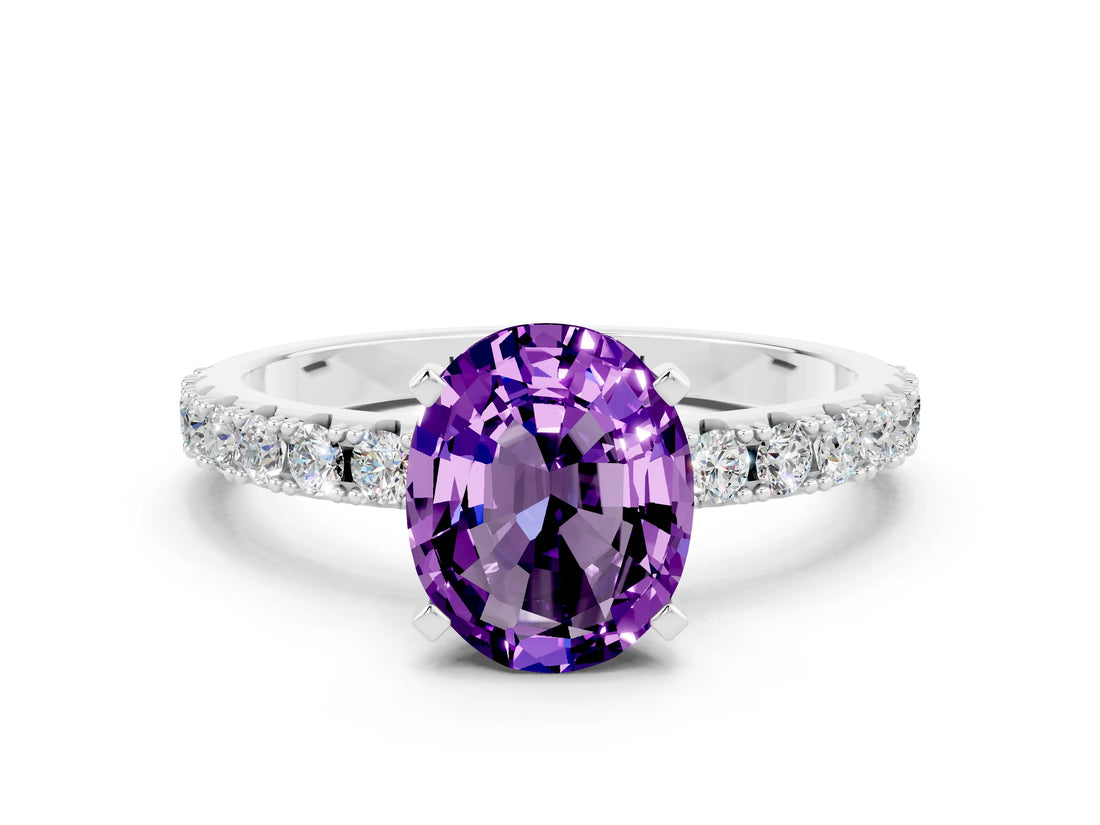 White gold Oval Cut Amethyst Solitaire Pavé Band with Four-Prong Setting