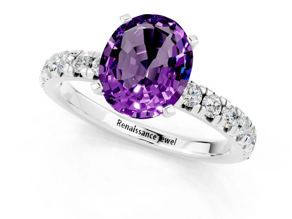 Platinum Oval Cut Amethyst Solitaire Pavé Engagement Ring with Round Band and Prong Setting