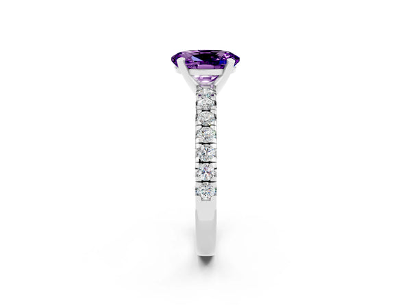 Platinum Oval Cut Amethyst Solitaire Pavé Engagement Ring with Round Band and Prong Setting