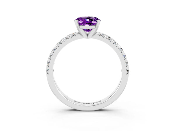 Platinum Oval Cut Amethyst Solitaire Pavé Engagement Ring with Round Band and Prong Setting