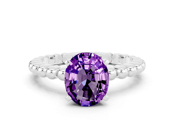 White gold Oval Cut Amethyst Solitaire Ring with Beaded Band and Prong Setting