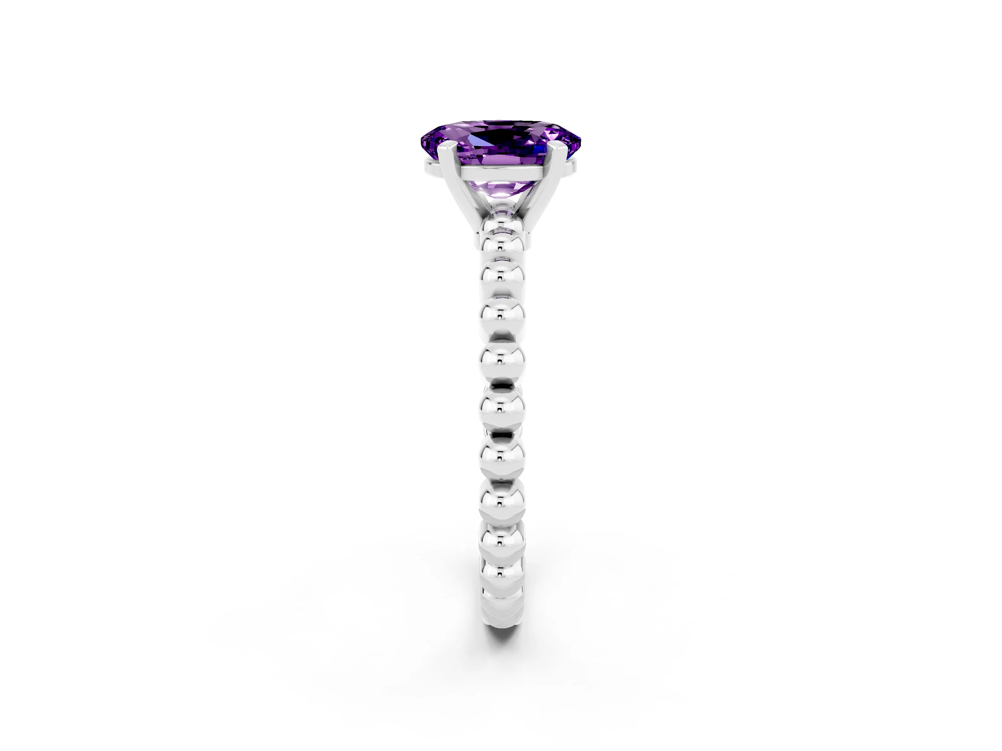 White gold Oval Cut Amethyst Solitaire Ring with Beaded Band and Prong Setting_14