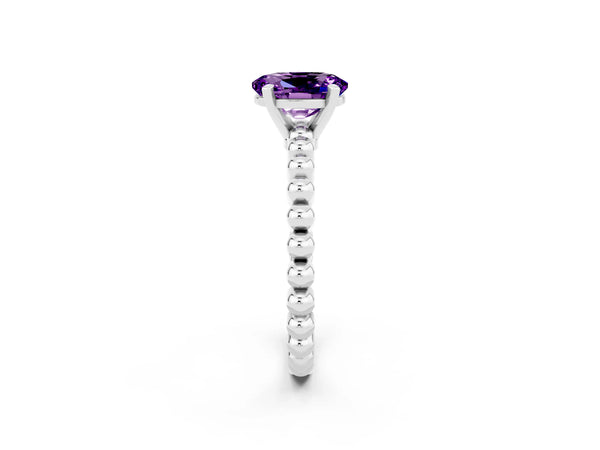 White gold Oval Cut Amethyst Solitaire Ring with Beaded Band and Prong Setting