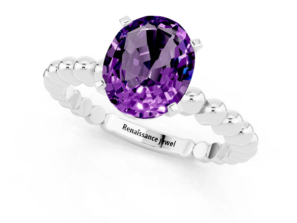 Silver Oval Cut Amethyst Solitaire Ring with Beaded Band and Prong Setting