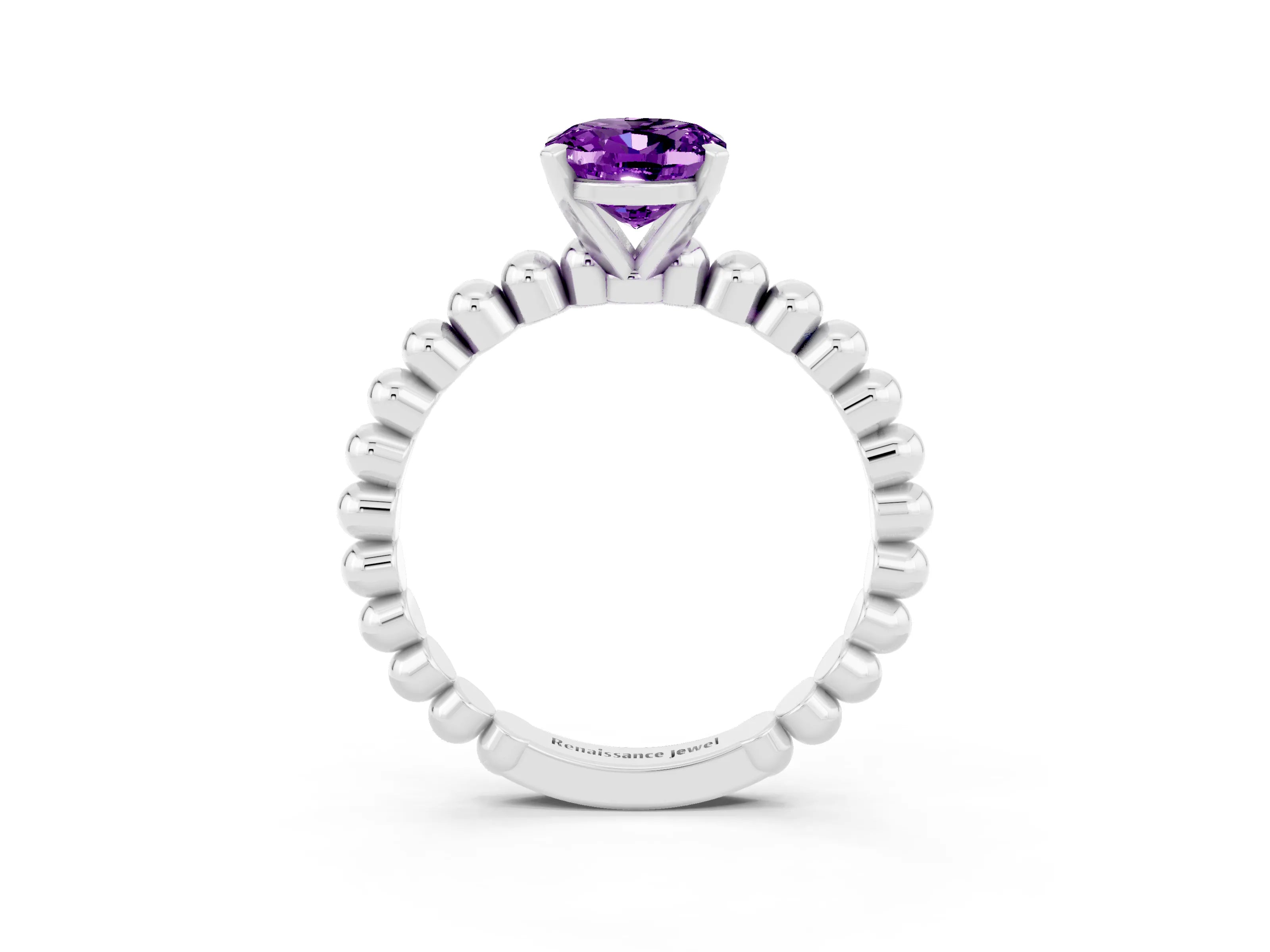 White gold Oval Cut Amethyst Solitaire Ring with Beaded Band and Prong Setting_3