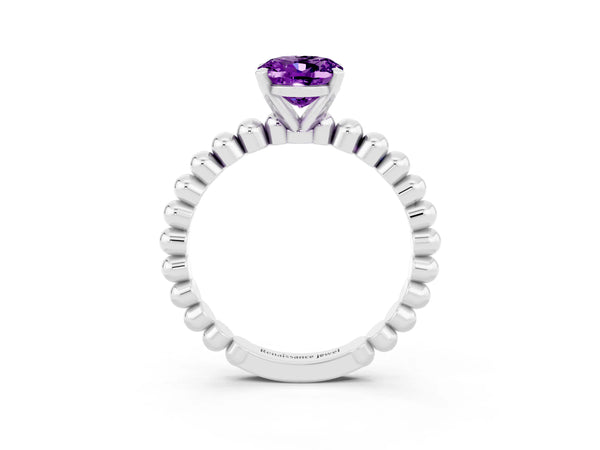 Silver Oval Cut Amethyst Solitaire Ring with Beaded Band and Prong Setting