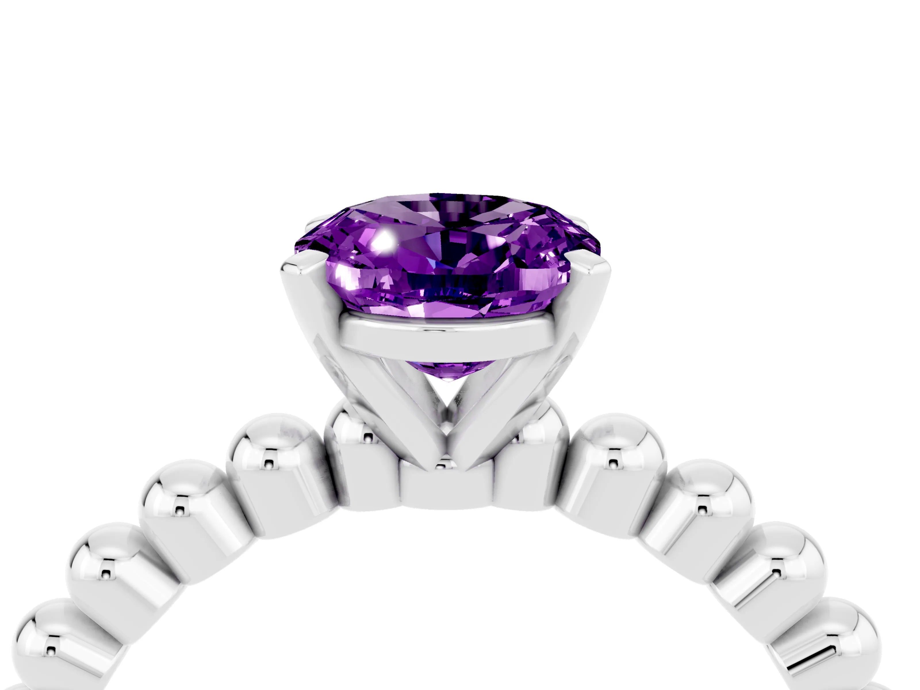 White gold Oval Cut Amethyst Solitaire Ring with Beaded Band and Prong Setting_4