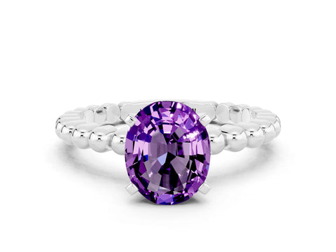 White gold Oval Cut Amethyst Solitaire Ring with Beaded Band and Prong Setting
