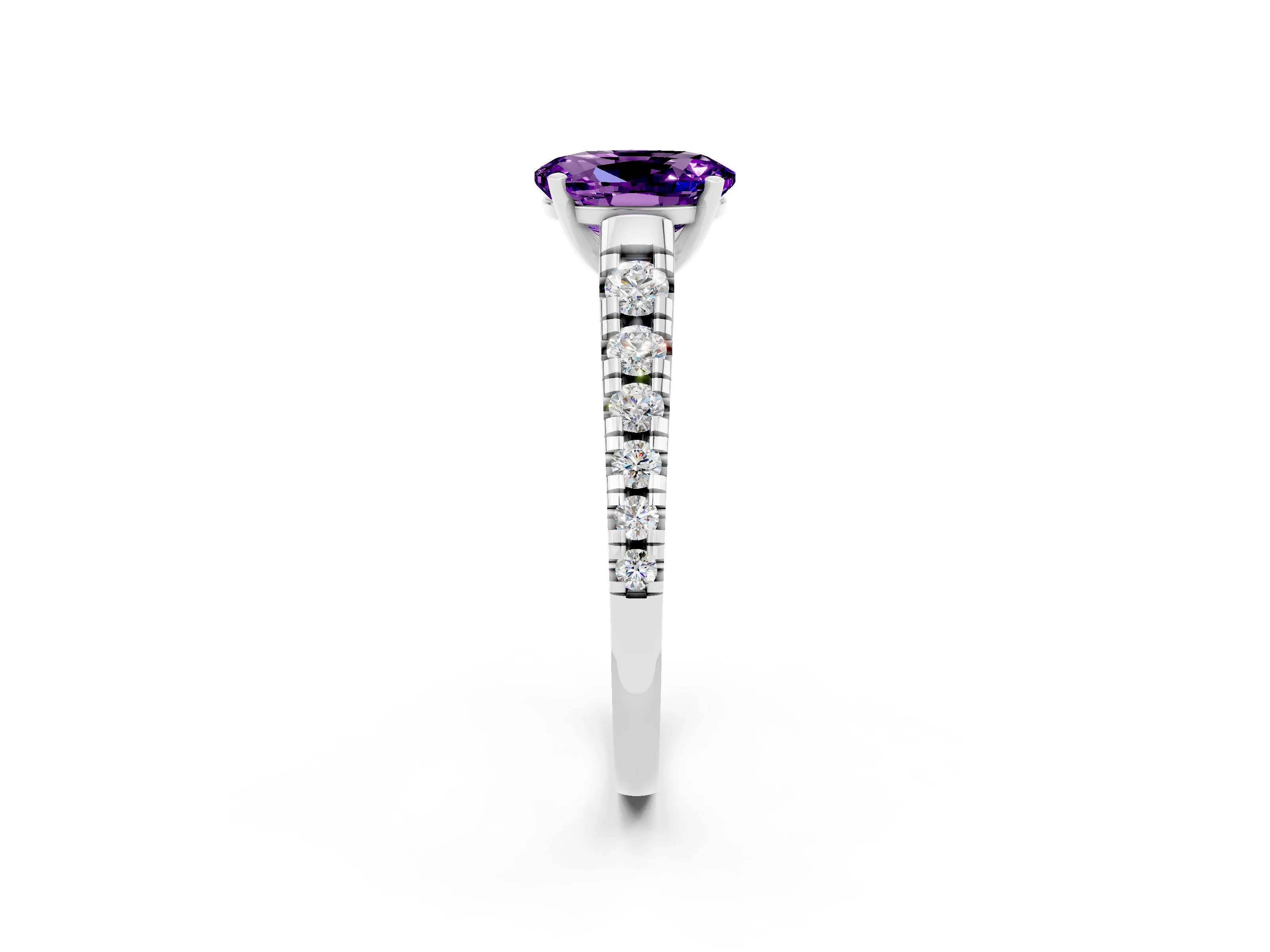 White gold Oval Cut Amethyst Solitaire Ring with Cathedral Setting and Pavé Band_2