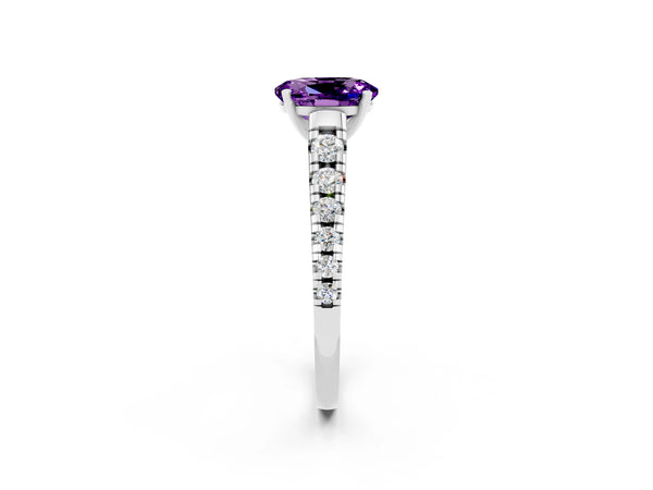 White gold Oval Cut Amethyst Cathedral Solitaire Ring with Round  Pavé Band
