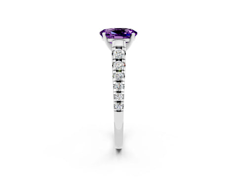 White gold Oval Cut Amethyst Solitaire Ring with Cathedral Setting and Pavé Band_2