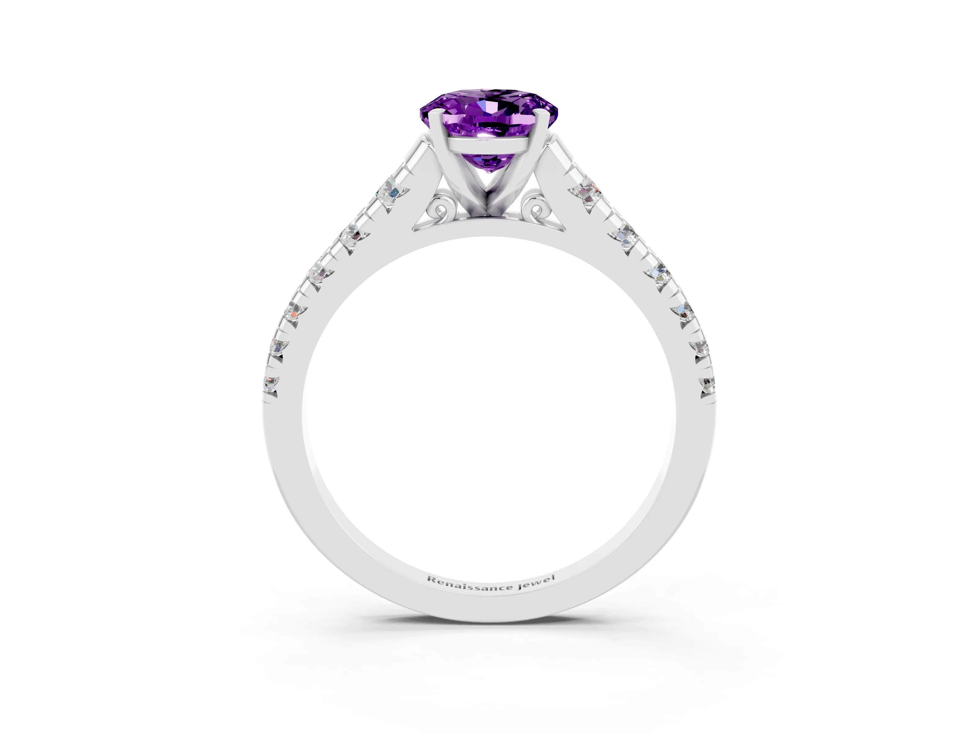 White gold Oval Cut Amethyst Solitaire Ring with Cathedral Setting and Pavé Band_3