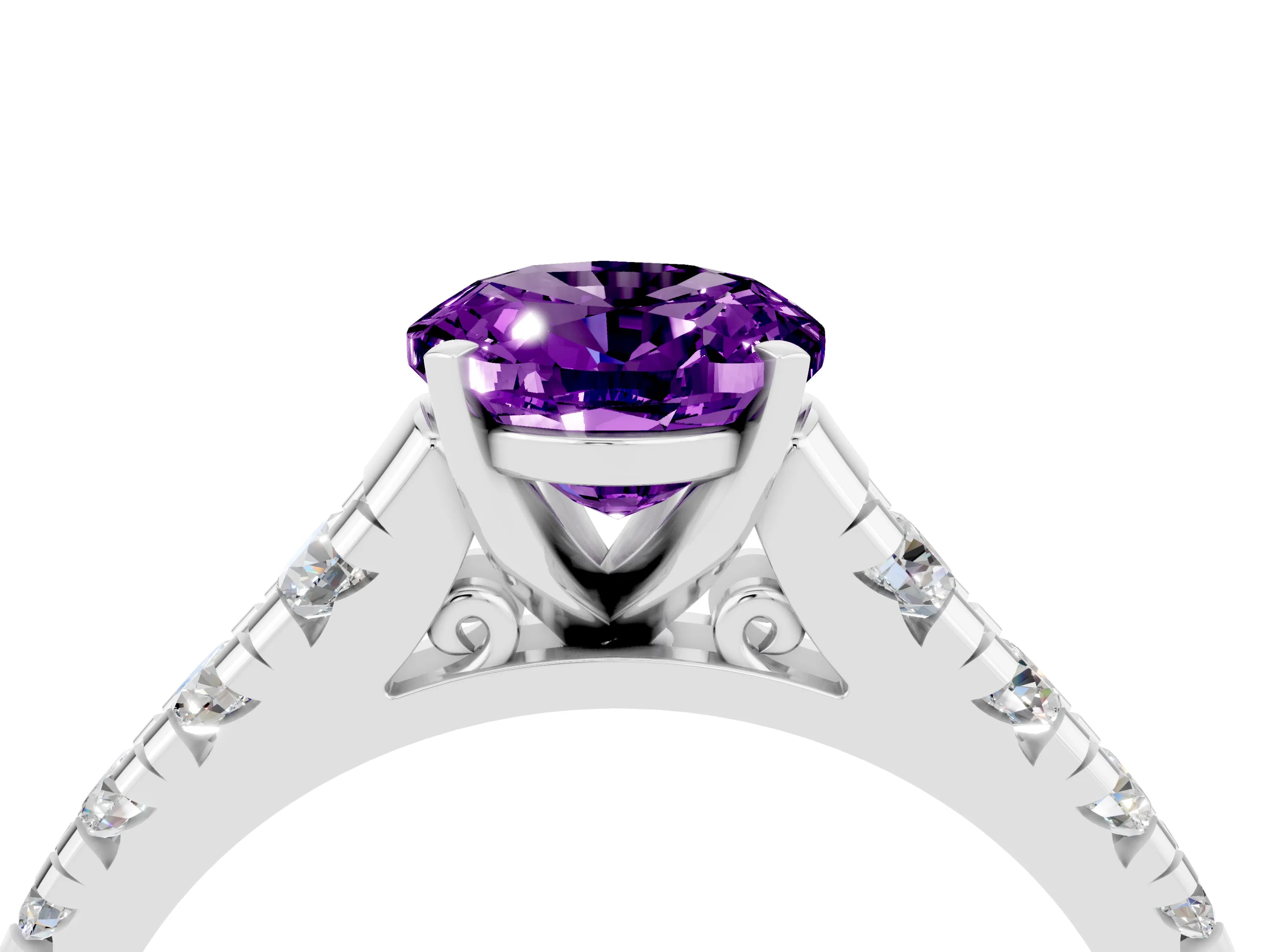 White gold Oval Cut Amethyst Solitaire Ring with Cathedral Setting and Pavé Band_4