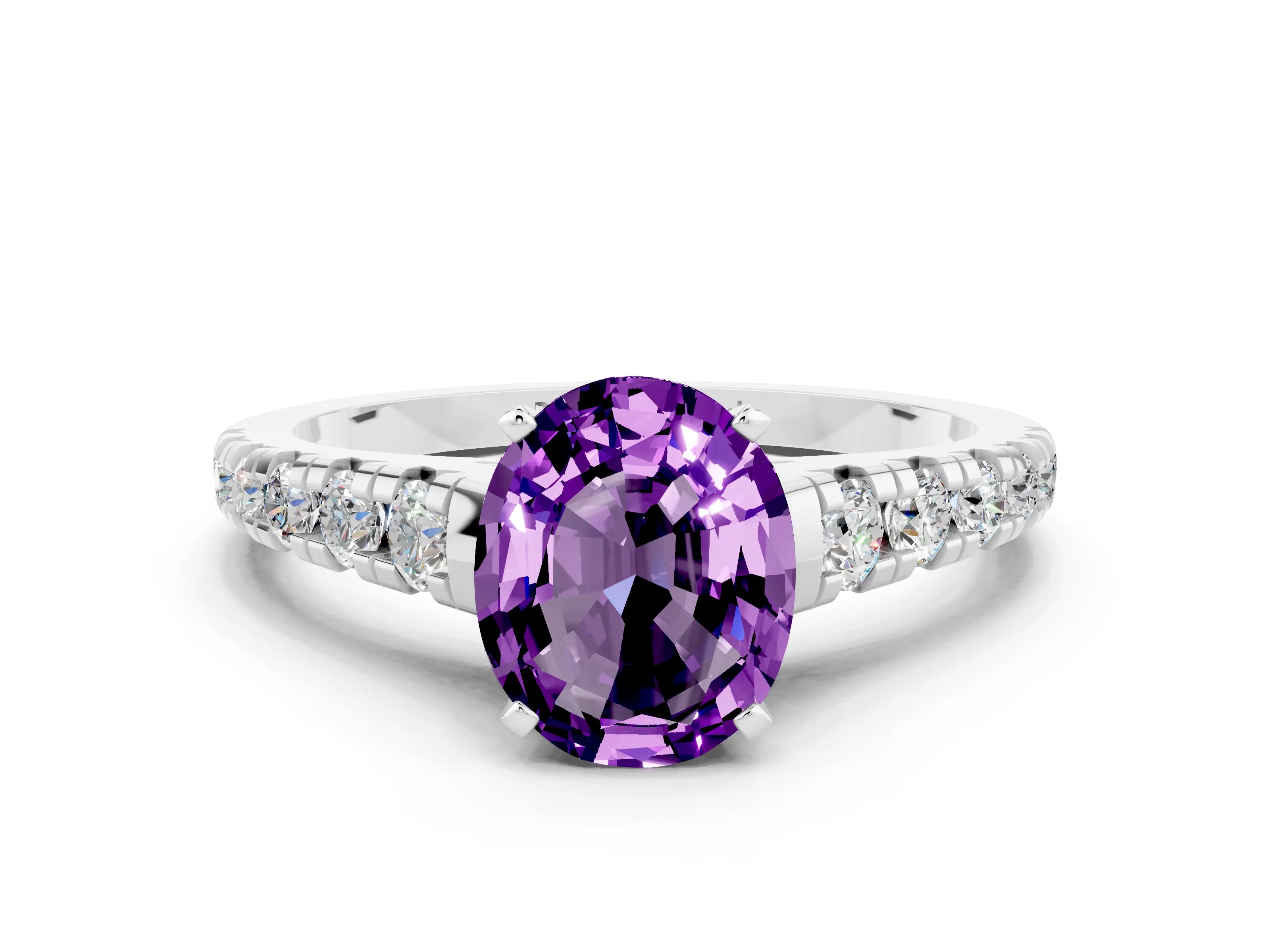 White gold Oval Cut Amethyst Solitaire Ring with Cathedral Setting and Pavé Band