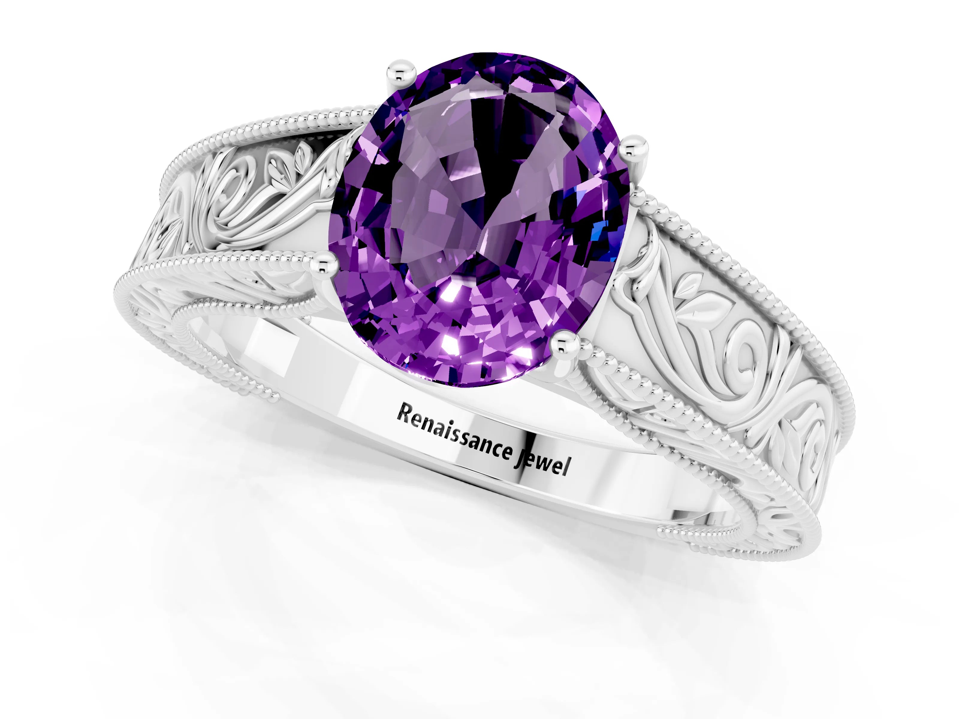 White gold Oval Cut Amethyst Solitaire Ring with Engraved Band and Four-Prong Setting_1