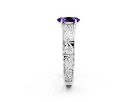 White gold Oval Cut Amethyst Solitaire Ring with Engraved Band and Four-Prong Setting_2