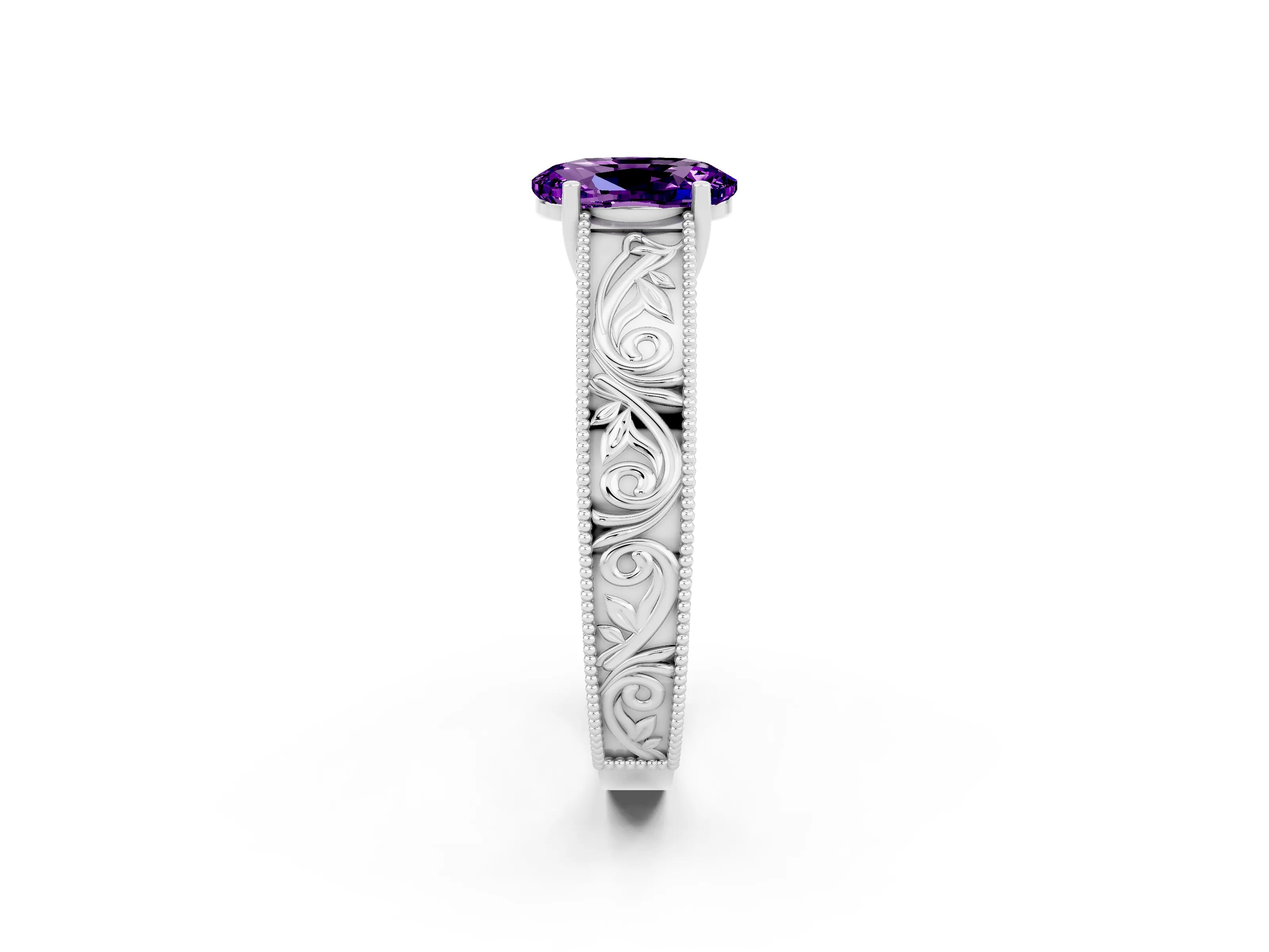 White gold Oval Cut Amethyst Solitaire Ring with Engraved Band and Four-Prong Setting_2