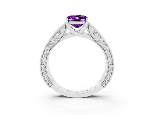 Silver Oval Cut Amethyst Solitaire Ring with Engraved Band and Four-Prong Setting
