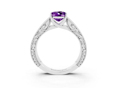 White gold Oval Cut Amethyst Solitaire Ring with Engraved Band and Four-Prong Setting_3