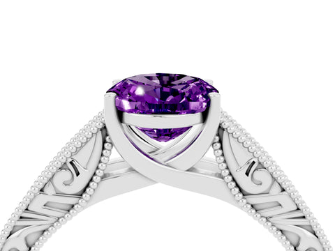 White gold Oval Cut Amethyst Solitaire Ring with Engraved Band and Four-Prong Setting_4