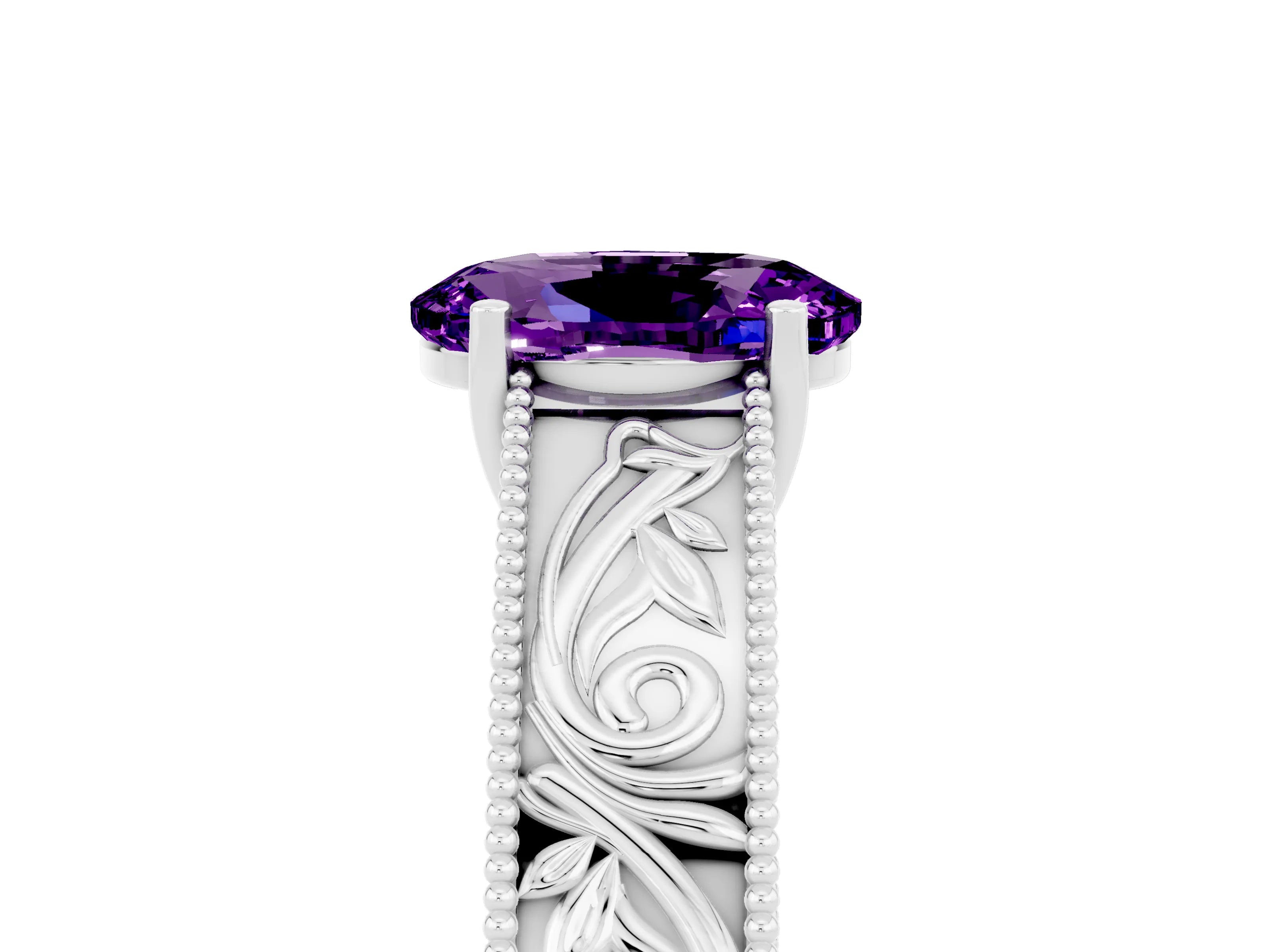 White gold Oval Cut Amethyst Solitaire Ring with Engraved Band and Four-Prong Setting_5